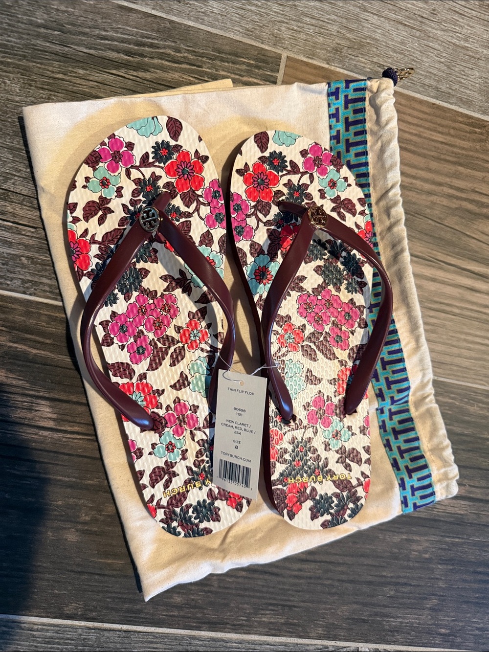 Tory Burch Floral Flip Flop Sandals in Burgundy